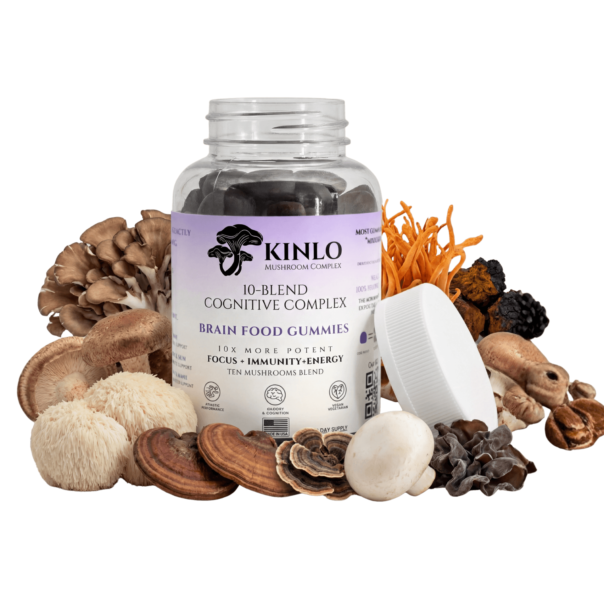 Kinlo bottle surrounded by 10 mushroom varieties