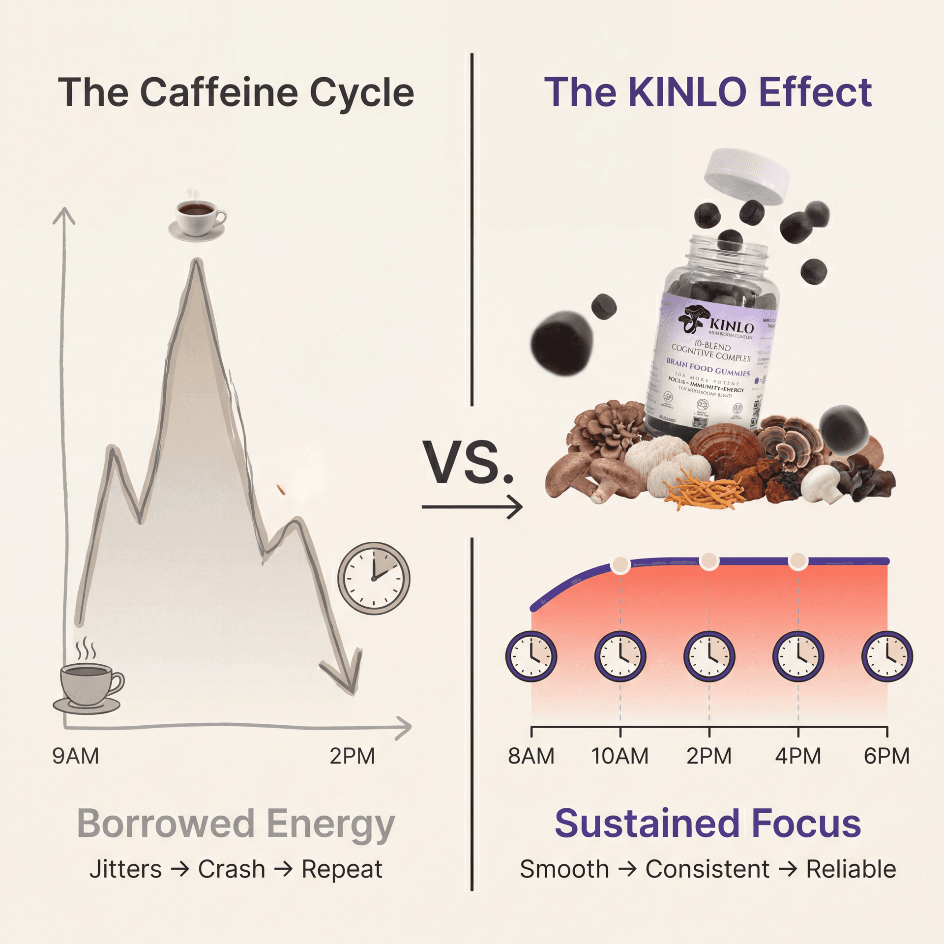 Caffeine cycle vs Kinlo sustained energy comparison