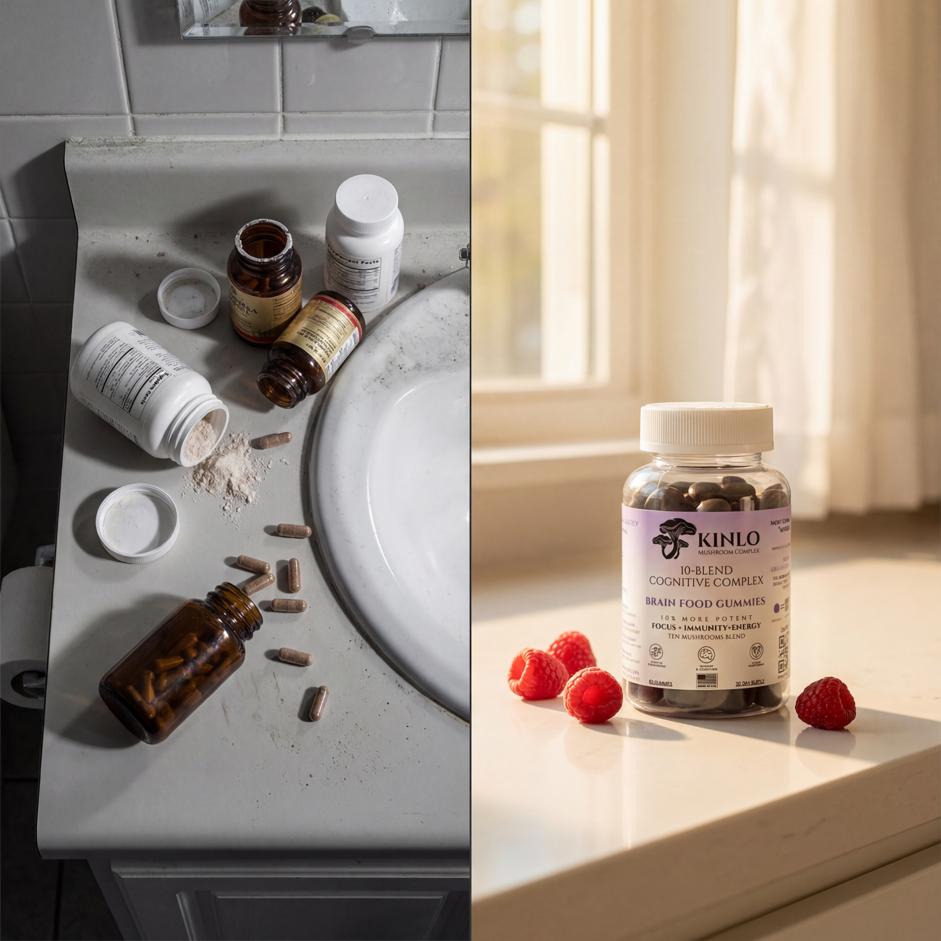 Messy supplement bottles versus clean Kinlo bottle